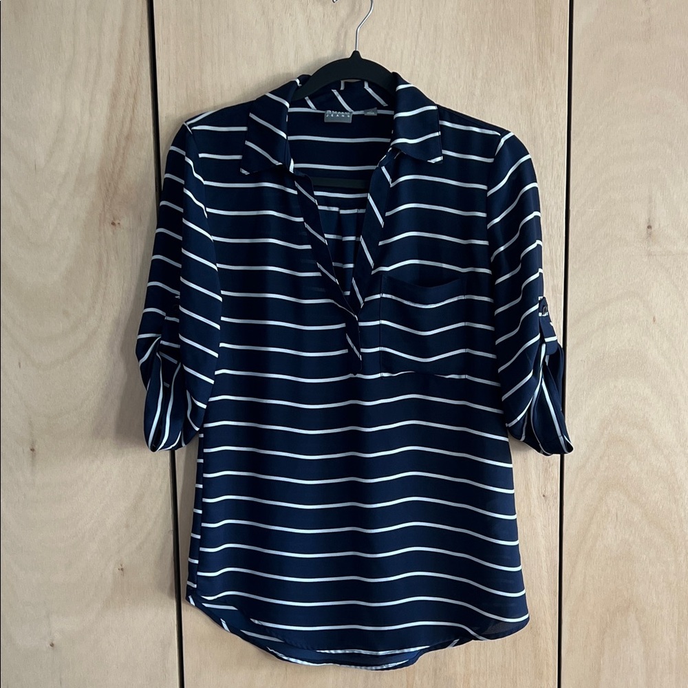 New York & Company Navy and White Striped Blouse